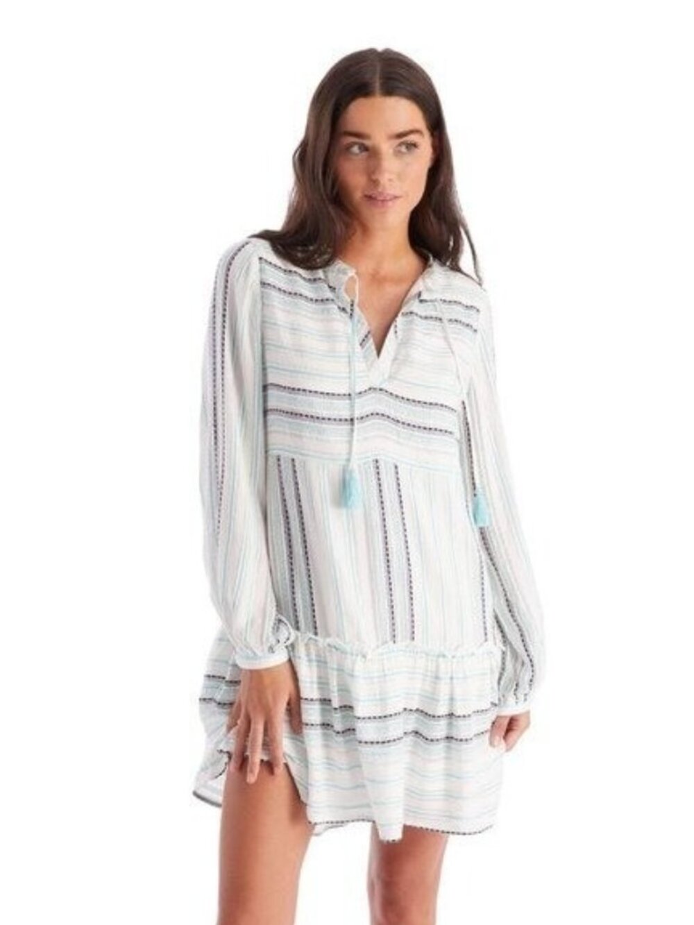 🛍 Allison New York Karly Tiered Mini Dress in Aqua Stripe Boho Coastal Size XS